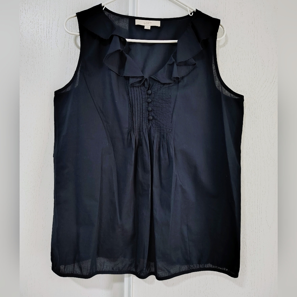 LOFT Ann Taylor Navy Blue Sleeveless Ruffle Detail Blouse Size L